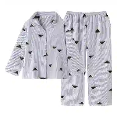 静英鸾 简约休闲翻领条纹亲肤舒适可外穿家居服睡衣套装 女款