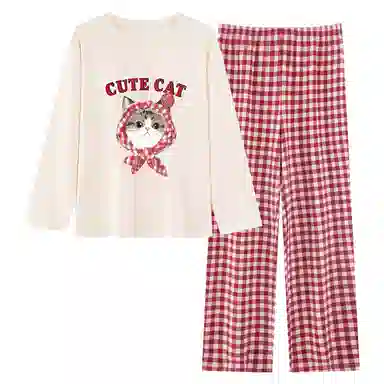 静英鸾 带胸垫甜美可爱卡通猫猫休闲时尚亲肤舒适家居服睡衣套装 女款