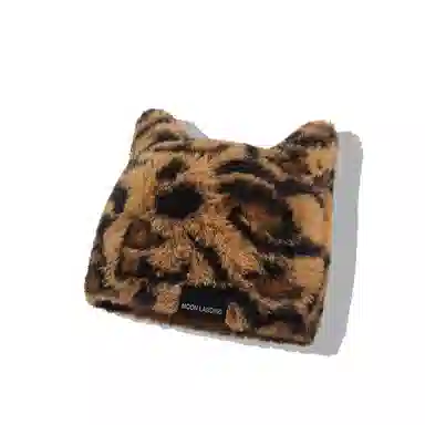 【y2k甜酷辣妹~秋冬】 攸委 复古豹纹可爱猫耳朵毛绒针织帽子女冬季保暖防寒护耳加绒 涤纶 时尚潮流百搭包头冷帽绒线帽 男女同款情侣款