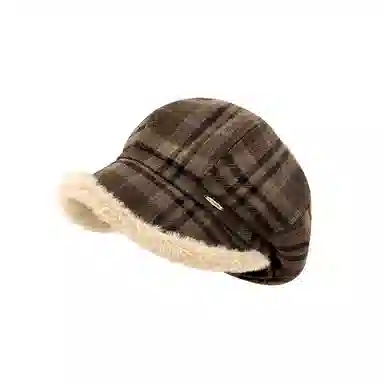 钓鱼熊 英伦复古格纹保暖宽檐显脸小大头围画家帽 毛绒 贝雷帽 男女同款情侣款
