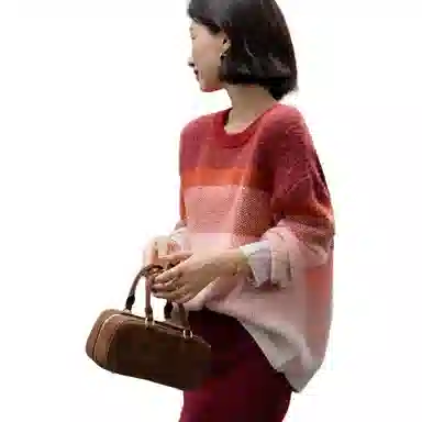 【dme】 冬季渐变拼色圆领线衫宽松含绵羊毛慵懒上衣日常休闲高级感大方经典气质职场干练高智感时尚潮流亲肤透气小个子美拉德针织衫 女款