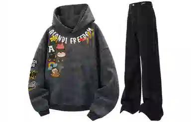 阿凡迪 美式复古街头简约扎染设计趣味卡通徽章字母印花宽松舒适百搭时尚潮流通勤连帽长袖卫衣中腰直筒微喇牛仔裤休闲运动套装 男女同款