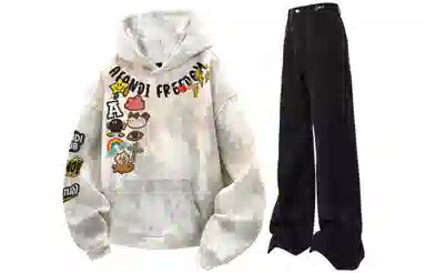 阿凡迪 美式复古街头简约扎染设计趣味卡通徽章字母印花宽松舒适百搭时尚潮流通勤连帽长袖卫衣中腰直筒微喇牛仔裤休闲运动套装 男女同款