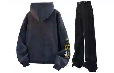 阿凡迪 美式复古街头简约扎染设计趣味卡通徽章字母印花宽松舒适百搭时尚潮流通勤连帽长袖卫衣中腰直筒微喇牛仔裤休闲运动套装 男女同款