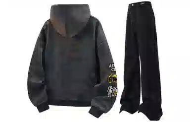 阿凡迪 美式复古街头简约扎染设计趣味卡通徽章字母印花宽松舒适百搭时尚潮流通勤连帽长袖卫衣中腰直筒微喇牛仔裤休闲运动套装 男女同款