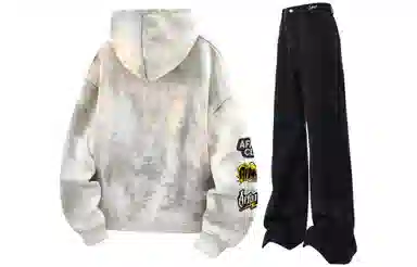 阿凡迪 美式复古街头简约扎染设计趣味卡通徽章字母印花宽松舒适百搭时尚潮流通勤连帽长袖卫衣中腰直筒微喇牛仔裤休闲运动套装 男女同款
