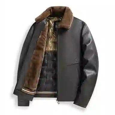 老爷车 加绒加厚可拆卸毛领外套冬季石墨烯内里蓄热防风御寒皮衣 男款