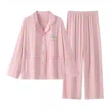 静英鸾 简约甜美可爱卡通条纹小花翻领亲肤舒适可外穿家居服睡衣套装 女款
