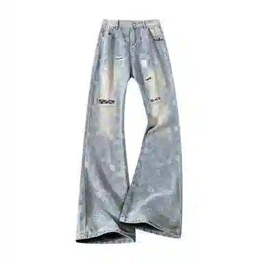 布客行 美式腰花果破洞磨毛手工磨破提花刺绣复古高街设计感修身显高显瘦水洗做旧蓝色窄版通勤休闲百搭弯刀直筒阔腿潮牌牛仔裤 男女同款