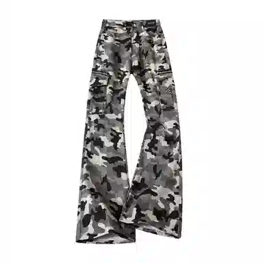 布客行 美式雪地迷彩个性工装长裤拼接侧边多口袋复古水洗微喇修身百搭显高显瘦直筒宽松阔腿高级感舒适弯刀柔软牛仔休闲裤 男女同款