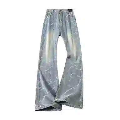 布客行 【刺绣提花系列】美式高街显高显瘦设计感微喇休闲百搭水洗做旧复古直筒阔腿长裤子深色修身花卉满印无性别主义牛仔裤 男女同款