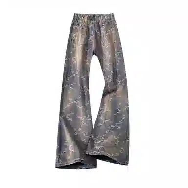 布客行 【刺绣提花系列】美式高街显高显瘦设计感微喇休闲百搭水洗做旧复古直筒阔腿长裤子深色修身花卉满印无性别主义牛仔裤 男女同款