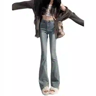 兰缪 高腰微喇叭弹力修身百搭显瘦拖地裤子潮流牛仔裤 女款