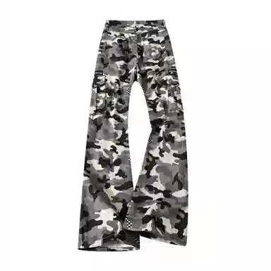 布客行 美式雪地迷彩个性工装长裤拼接侧边多口袋复古水洗微喇修身百搭显高显瘦直筒宽松阔腿高级感舒适弯刀柔软牛仔休闲裤 男女同款