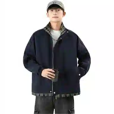 八哥 美式高街基础款经典复古纯色格纹拼接撞色宽松时尚潮流舒适设计感百搭通勤日常简约工装飞行员翻领长袖夹克外套 男女同款