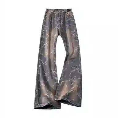 布客行 【刺绣提花系列】美式高街显高显瘦设计感微喇休闲百搭水洗做旧复古直筒阔腿长裤子深色修身花卉满印无性别主义牛仔裤 男女同款