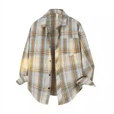 顶峰保罗 美式复古撞色格子宽松休闲衬衣外套春秋穿搭情侣款通勤潮流百搭高级感翻领衬衫 男女同款