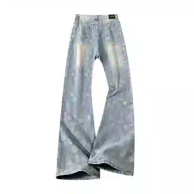 布客行 美式腰花果破洞磨毛手工磨破提花刺绣复古高街设计感修身显高显瘦水洗做旧蓝色窄版通勤休闲百搭弯刀直筒阔腿潮牌牛仔裤 男女同款