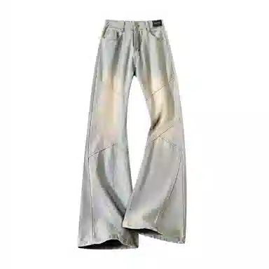 布客行 黄泥染微喇复古美式高街拼接设计长裤子废土风修身水洗做旧通勤休闲百搭垂感显高显瘦直筒弯刀阔腿弹力松紧腰柔软牛仔裤 男女同款