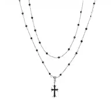 阿葱饰品 暗黑风格哥特式设计十字架吊坠 轻奢气质闪锆点缀双层叠戴 甜酷辣妹潮流百搭 钛钢 项链 女款