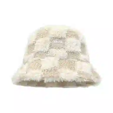 恩僾德 棋盘格毛绒女秋冬季高颜值显脸小大头围大号大码羊羔毛水桶盆帽 涤纶 渔夫帽 男女同款情侣款