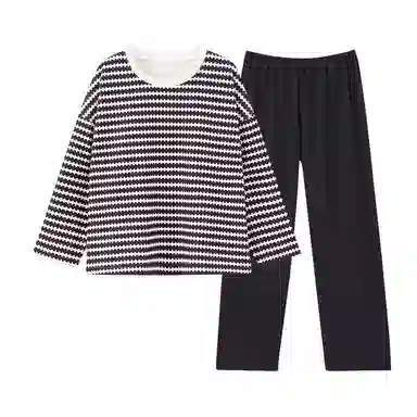 静英鸾 圆领设计条纹宽松舒适加绒加厚亲肤家居服睡衣套装 女款
