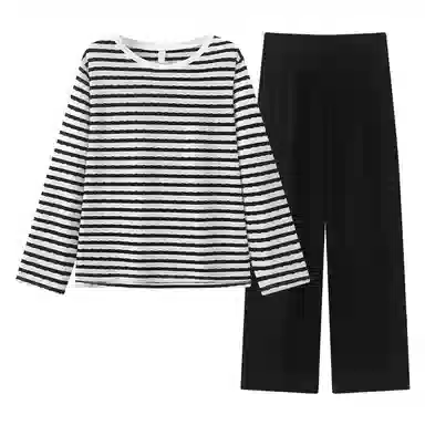 静英鸾 简约黑白条纹休闲舒适时尚可外穿家居服睡衣套装 女款