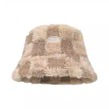 恩僾德 棋盘格毛绒女秋冬季高颜值显脸小大头围大号大码羊羔毛水桶盆帽 涤纶 渔夫帽 男女同款情侣款