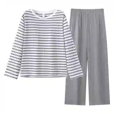 静英鸾 简约灰白条纹休闲舒适时尚可外穿家居服睡衣套装 女款