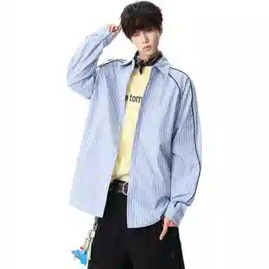 洋气先生 洋气潮牌美式复古纯色简约条纹翻领设计无性别主义学院慵懒风长袖日常通勤舒适休闲宽松百搭落肩单排扣开衫上衣衬衫 男女同款
