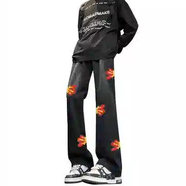 布客行 【毛巾绣刺绣钩花系列】复古巴黎柳叶弯刀美式水洗高街亲肤透气直筒阔腿休闲百搭微喇纯色显高显瘦显腿长裤弹力牛仔裤 男女同款