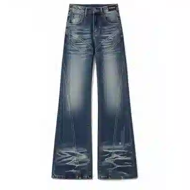 布客行 美式拼接斜切水波纹理直筒阔腿显高显瘦复古蓝宽松舒适休闲百搭蓝色拖地垂感弯刀微喇长裤子水洗做旧高街柔软舒适牛仔裤 男女同款