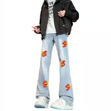 布客行 【毛巾绣刺绣钩花系列】复古巴黎柳叶弯刀美式水洗高街亲肤透气直筒阔腿休闲百搭微喇纯色显高显瘦显腿长裤弹力牛仔裤 男女同款