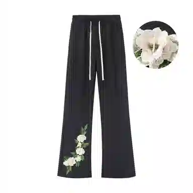 布客行 文艺风美式复古高街亲肤透气直筒弯刀针织运动卫裤子百搭阔腿花卉显高显瘦显腿弹力微喇休闲裤 男女同款