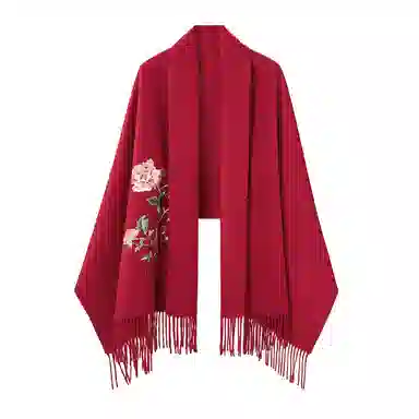 一米画纱 新中式传统盘扣精致古风花卉刺绣两用外搭加厚保暖旗袍晚礼服披风多功能优雅 绵羊毛 披肩 女款