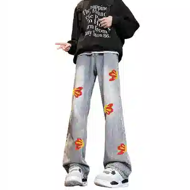 布客行 【毛巾绣刺绣钩花系列】复古巴黎柳叶弯刀美式水洗高街亲肤透气直筒阔腿休闲百搭微喇纯色显高显瘦显腿长裤弹力牛仔裤 男女同款