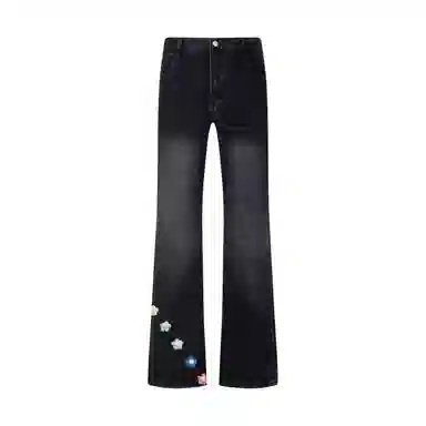【3D立体浮雕花卉线绒刺绣黑牛】布客行 显高显瘦显腿长美式复古高街修身水洗直筒微喇基础款舒适休闲百搭弯刀弹力长裤子牛仔裤 男女同款