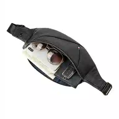 老人头 时尚休闲通勤多功能实用 牛皮 腰包 男款 黑色