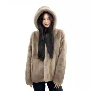 佐塞斯 高端品质轻奢天鹅绒水貂外套貂皮大衣女整貂短款连帽裘皮时尚冬季皮草 女款