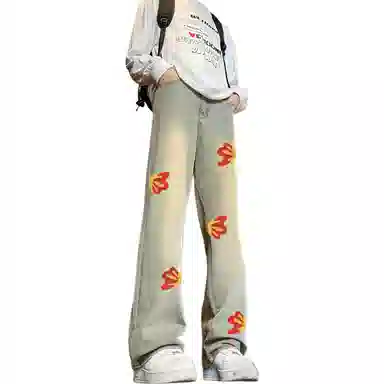 布客行 【毛巾绣刺绣钩花系列】复古巴黎柳叶弯刀美式水洗高街亲肤透气直筒阔腿休闲百搭微喇纯色显高显瘦显腿长裤弹力牛仔裤 男女同款