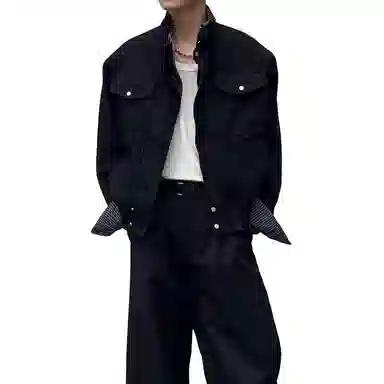 虫小绿 美式复古设计款双层立领短款夹克上衣春秋款潮流痞帅高级宽松休闲百搭拼接牛仔外套 男女同款