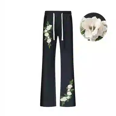 布客行 美式复古垂感高街亲肤透气直筒弯刀针织运动卫裤子百搭阔腿花卉显高显瘦显腿弹力微喇休闲裤 男女同款