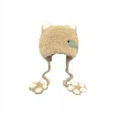 恩僾德 可爱小猫爪毛绒护耳手工针织卡通骑行保暖百搭包头 涤纶 绒线帽 男女同款情侣款