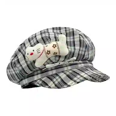 恩僾德 宅系小猫蝴蝶结格纹八角帽可爱显脸小高颜值甜美百搭帽子潮#好运 涤纶 贝雷帽 男女同款情侣款