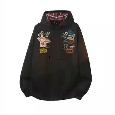 阿凡迪 美式高街趣味涂鸦仿贴布卡通印花设计字母品牌上衣潮流时尚经典百搭休闲宽松舒适个性学生情侣通勤户外落肩连帽格子卫衣 男女同款