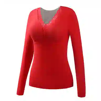 欧迪芬 亲肤透气舒适鸿运本命年喜庆加绒加厚蕾丝带胸垫无痕打底衫秋衣上衣冬季保暖上装 女款