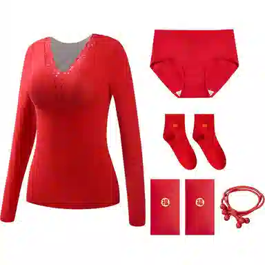 欧迪芬 亲肤透气舒适鸿运本命年喜庆加绒加厚蕾丝带胸垫无痕打底衫秋衣上衣冬季保暖上装 女款