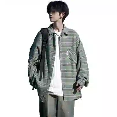 洋气先生 美式复古简约高级感时尚潮流气质百搭经典格纹文艺风日常休闲宽松舒适慵懒氛围感开衫单排扣翻领长袖外套衬衫 男女同款