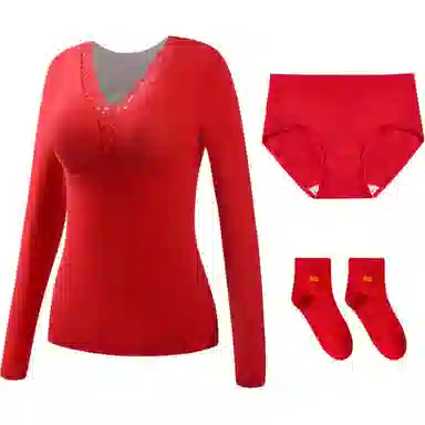 欧迪芬 亲肤透气舒适鸿运本命年喜庆加绒加厚蕾丝带胸垫无痕打底衫秋衣上衣冬季保暖上装 女款