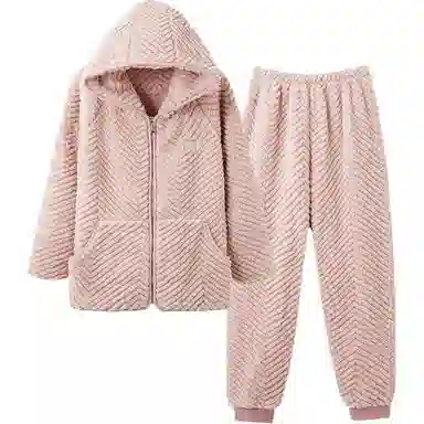 莫代尔 珊瑚绒女秋冬季加厚套头连帽法兰绒保暖家居服冬天舒适睡衣套装 女款